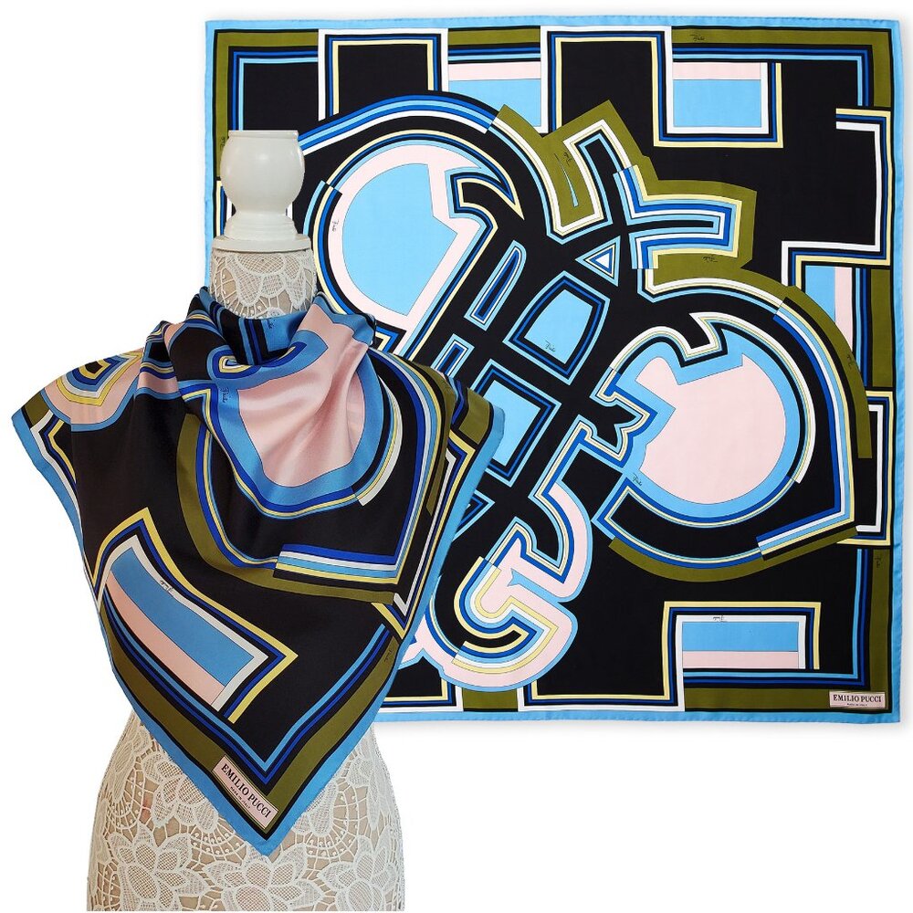 EMILIO PUCCI SCARF MULTI-COLORED VIBRANT PRINT SIGNATURE LOGO SQUARE SCARF 34"